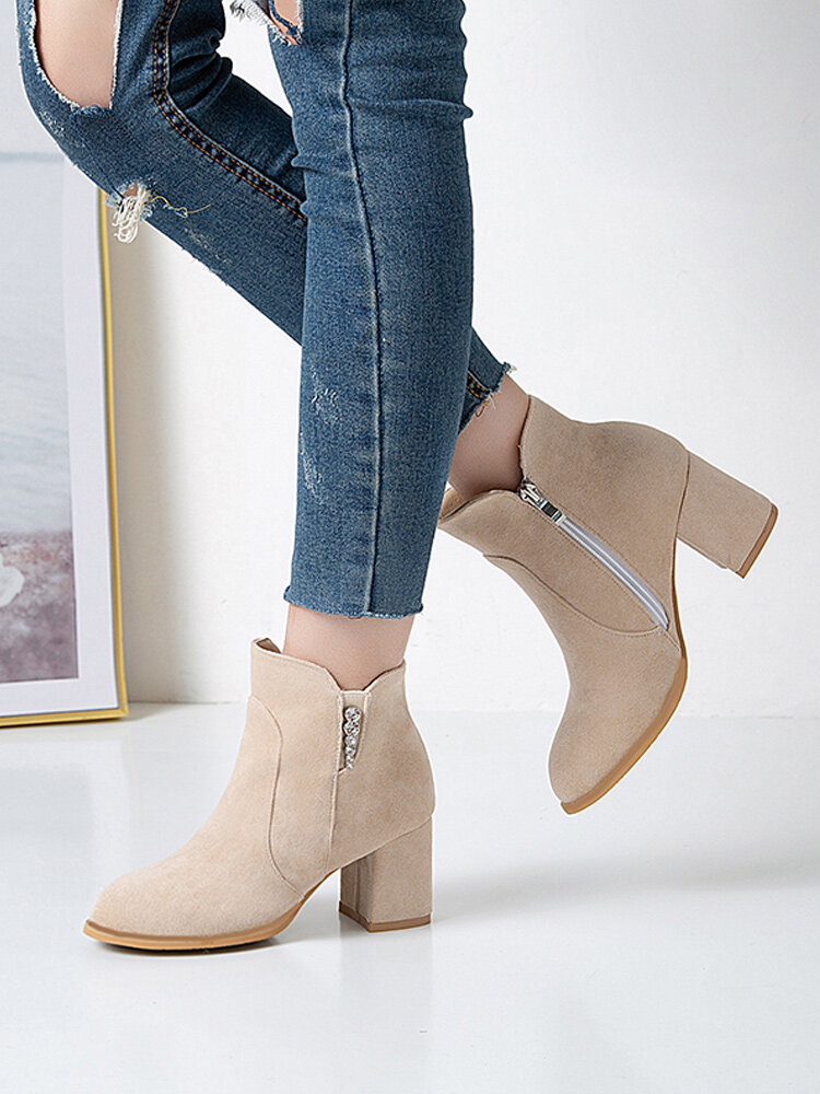 
	Women Suede Rhinestone Almond Toe Side Zipper Chunky Heel Ankle Boots