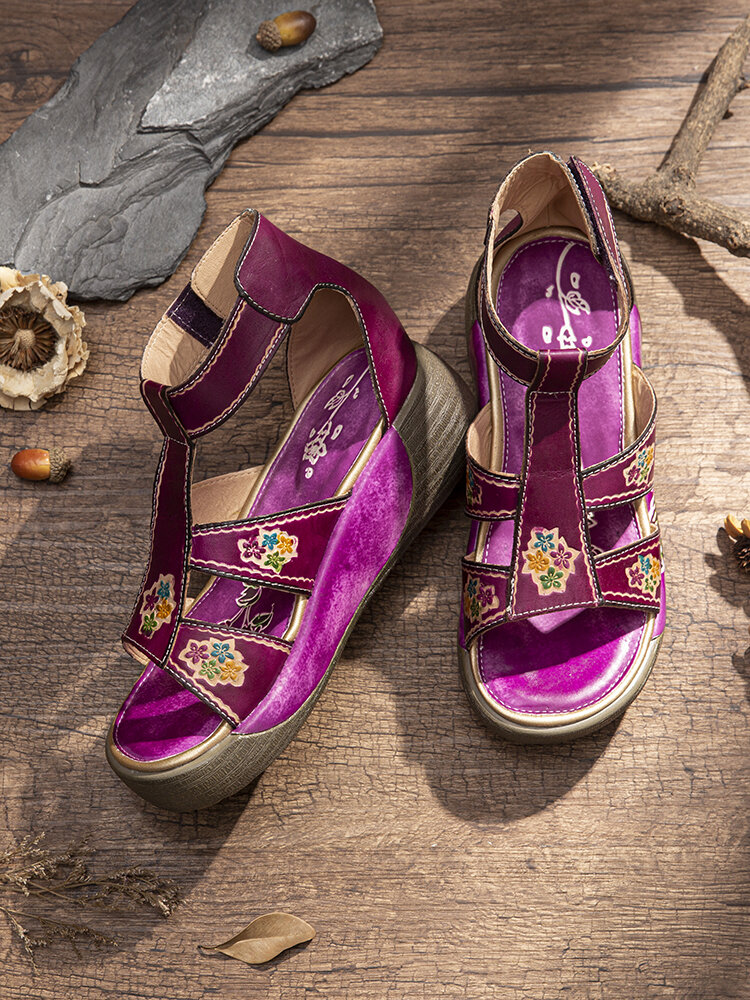 
	SOCOFY Flowers Print Genuine Leather Ankle Strap Hook Loop Comfy Wearable Platform Sandals