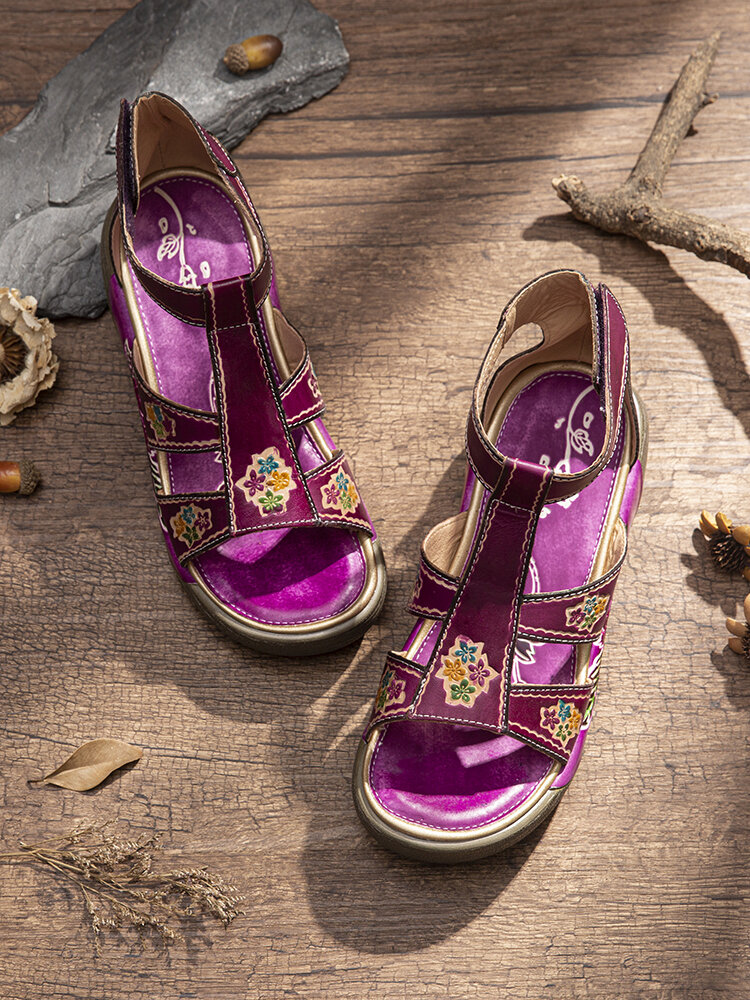 
	SOCOFY Flowers Print Genuine Leather Ankle Strap Hook Loop Comfy Wearable Platform Sandals