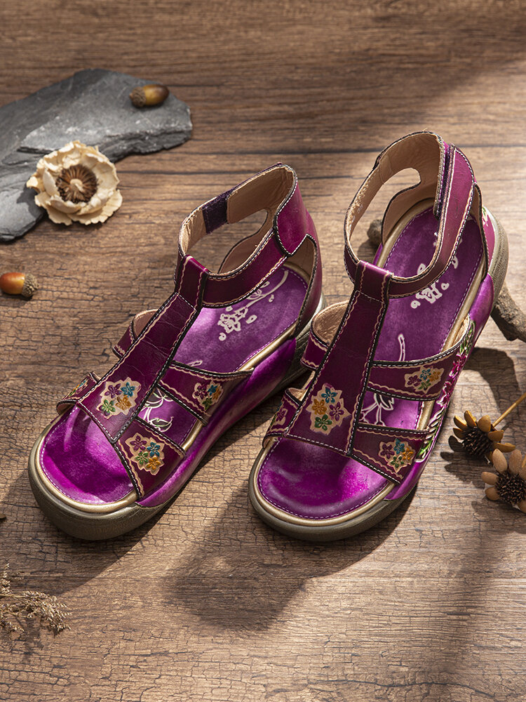 
	SOCOFY Flowers Print Genuine Leather Ankle Strap Hook Loop Comfy Wearable Platform Sandals