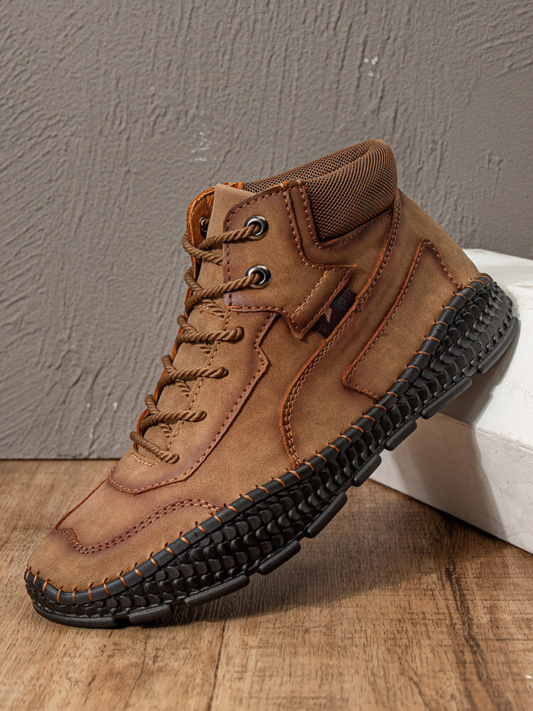 
	Men Hand Stitching Microfiber Leather Lace Up Ankle Boots