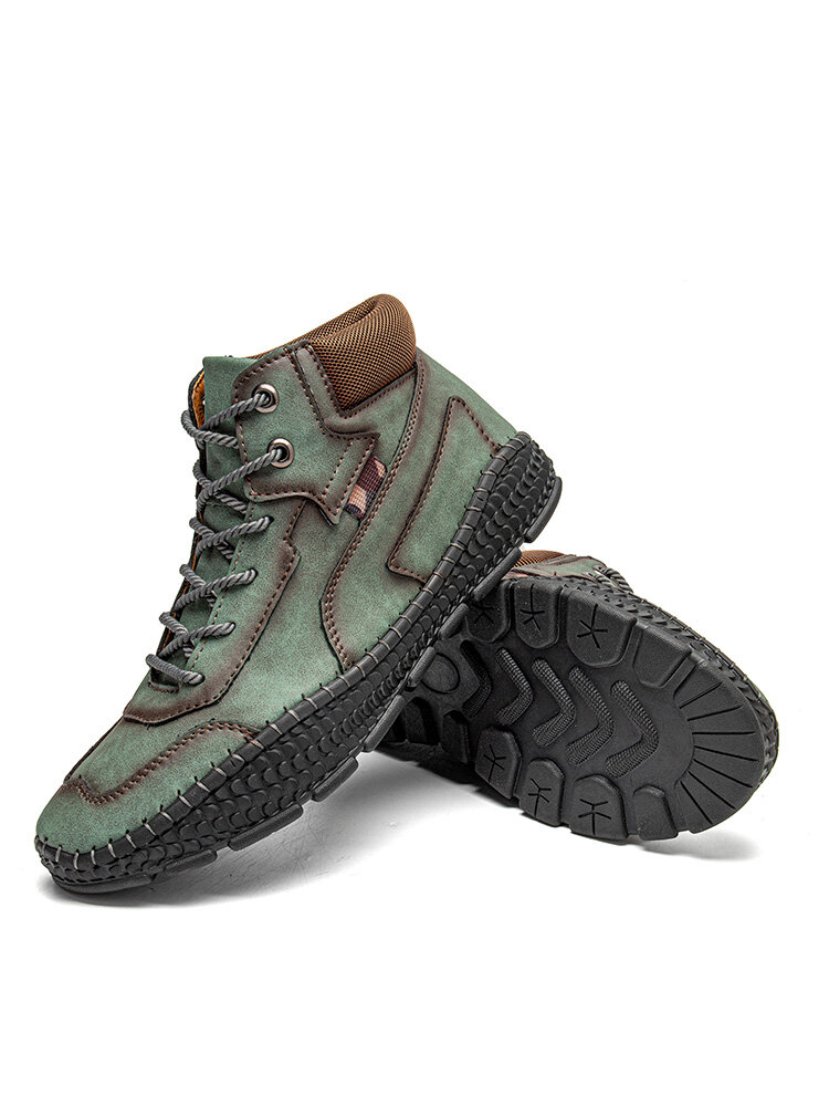 
	Men Hand Stitching Microfiber Leather Lace Up Ankle Boots