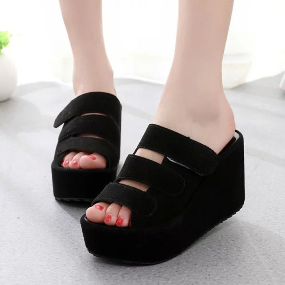 
	Adjustable Hook Loop Peep Toe Platform Wedges Slippers