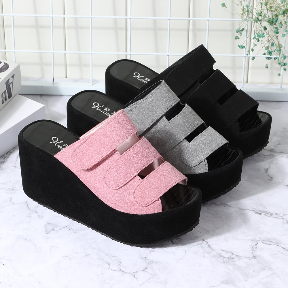 
	Adjustable Hook Loop Peep Toe Platform Wedges Slippers