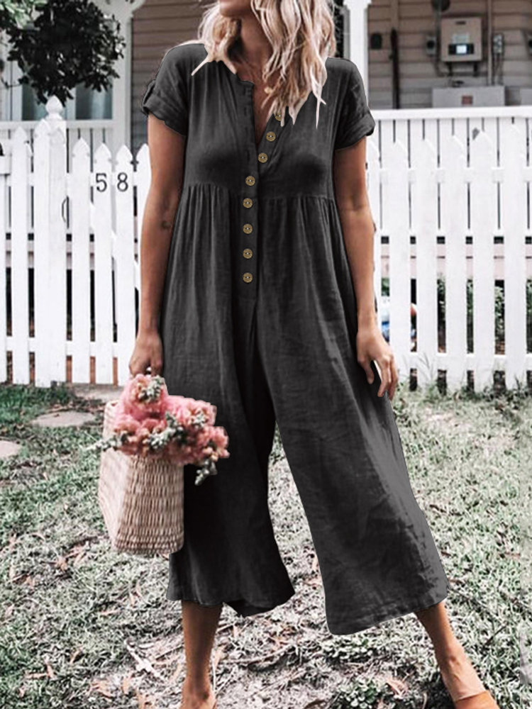 
	Solid Color Button Casual Wide Legs Short Sleeve Jumpsuit
