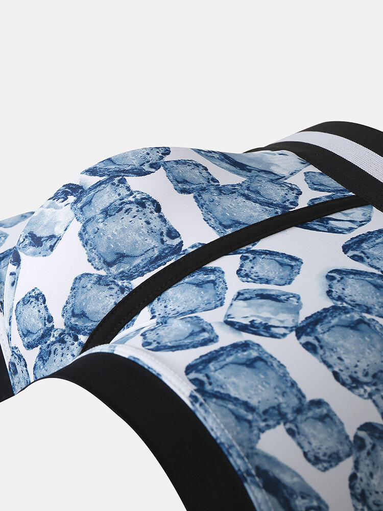 
	Men Nylon Ice Silk Bule Print Patchwork Boxer Briefs Letter Waistband Breathable Pouch Underwear