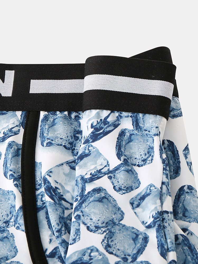 
	Men Nylon Ice Silk Bule Print Patchwork Boxer Briefs Letter Waistband Breathable Pouch Underwear