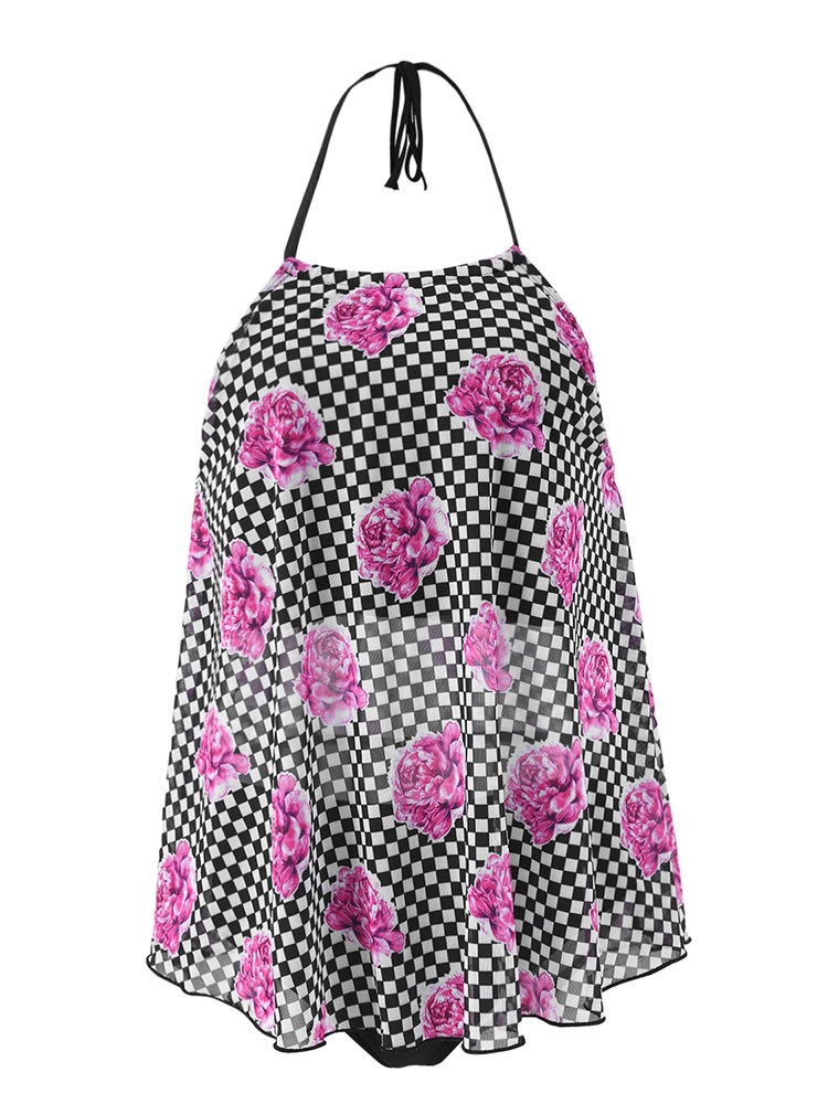 
	Plus Size Women Printed Plaid Halter String Backless Cozy Tankinis Swimsuits