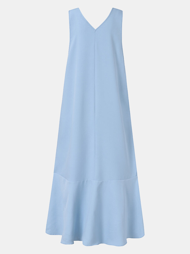 
	Solid Color Sleeveless V-neck Maxi Casual Dress For Women