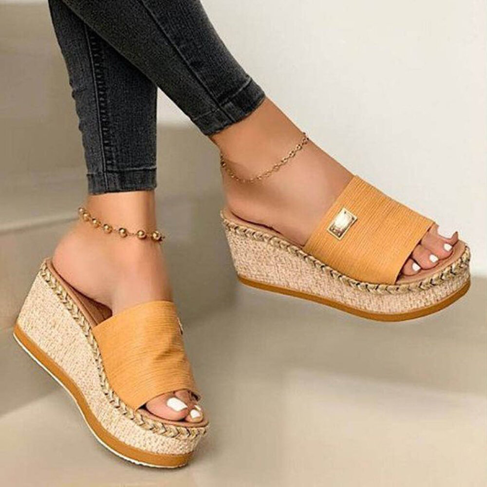 
	Plus Size Casual Solid Color Open Toe Espadrilles Platform Slippers