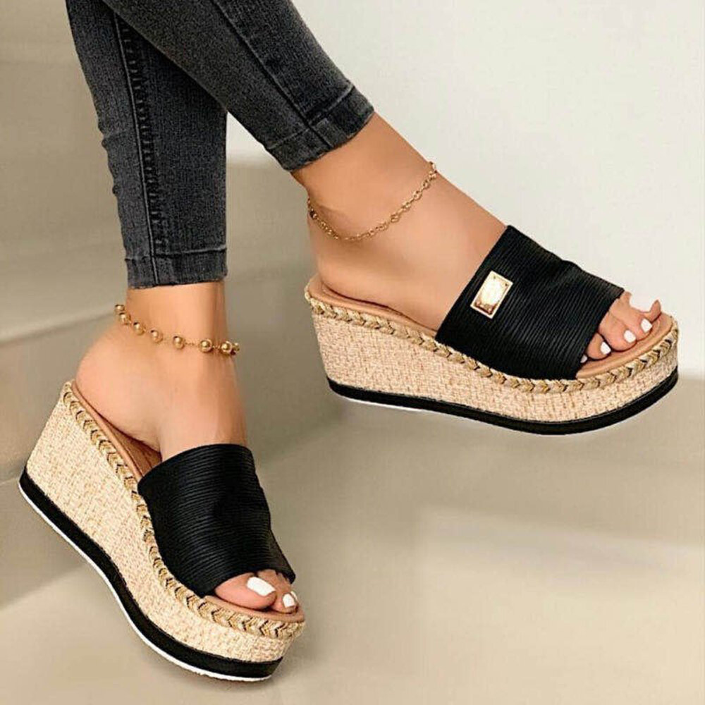 
	Plus Size Casual Solid Color Open Toe Espadrilles Platform Slippers
