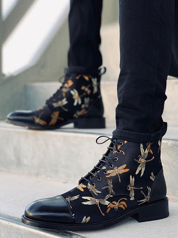 
	Men British Style Cap Toe Splicing Dragonflies Printed Cloth Ankle Jack Boots