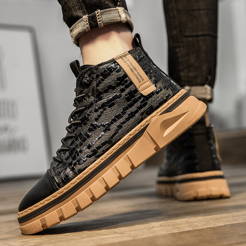 
	Men Stitching Alligator Veins Pure Color Wearable Casual Ankle Boots