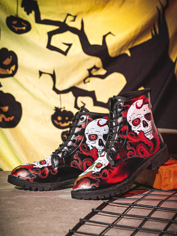 
	Men Halloween Skull Printing Funny Stylish Short-calf Boots