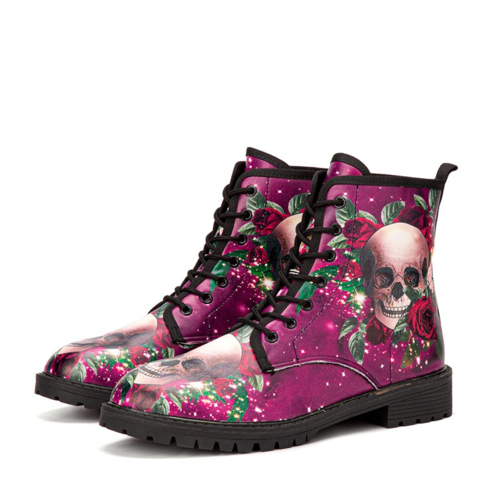 
	Men Halloween Skull Roses Pattern Stylish Colorful Short-Calf Boots