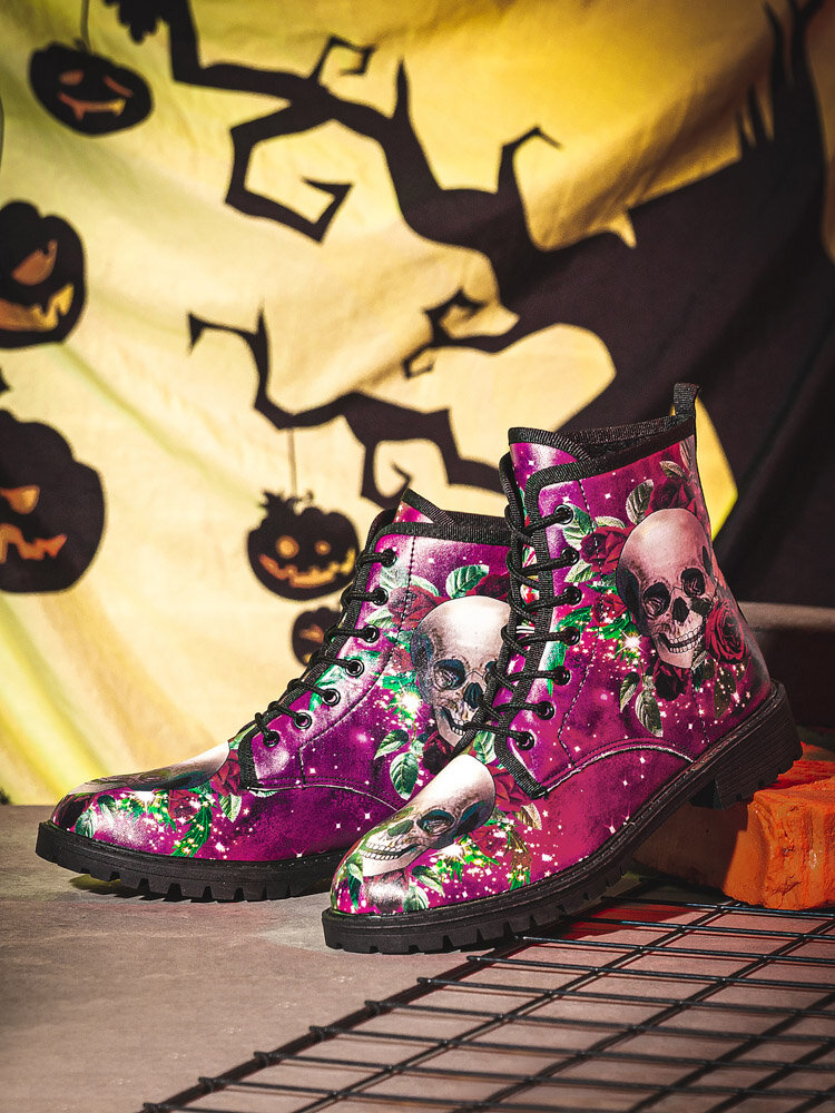 
	Men Halloween Skull Roses Pattern Stylish Colorful Short-Calf Boots