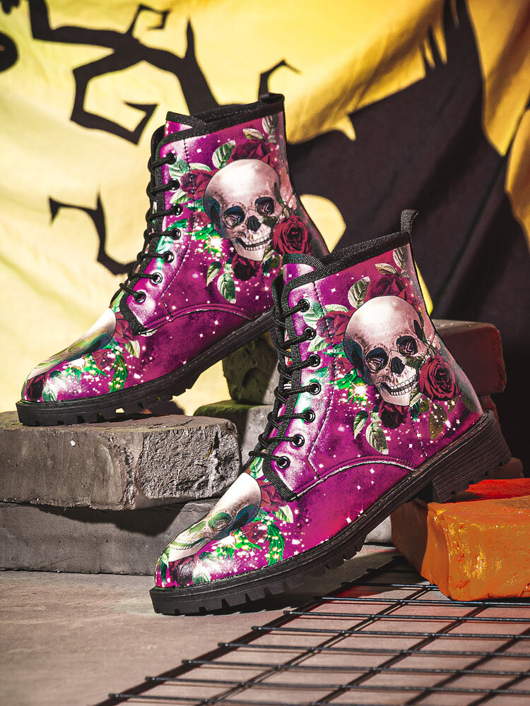 
	Men Halloween Skull Roses Pattern Stylish Colorful Short-Calf Boots