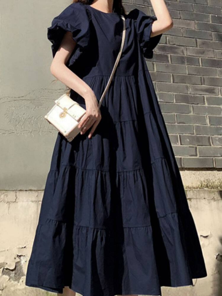 
	Solid Color Short Puff Sleeve Pleated Casual Loose Dress