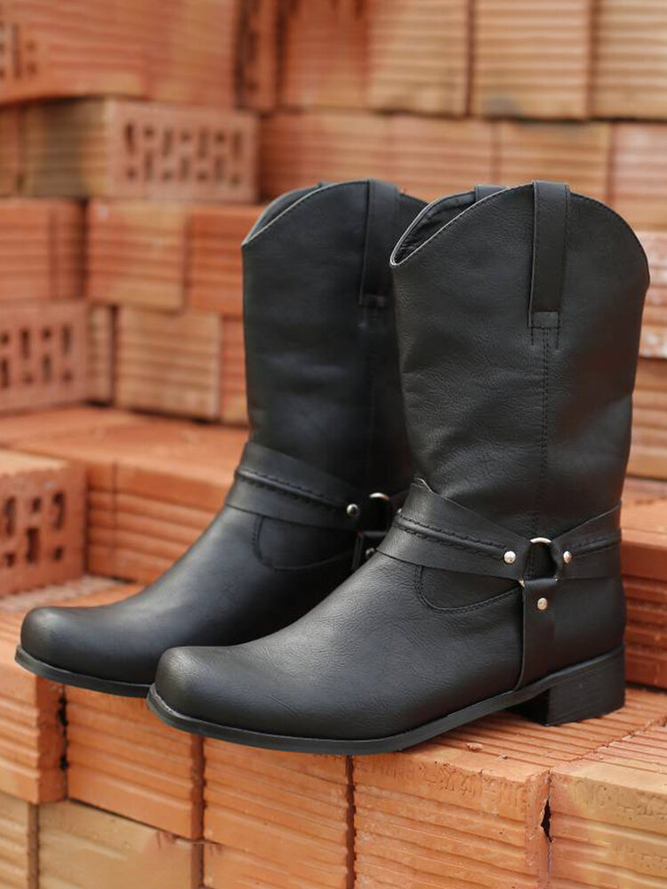 
	Men High Top Metal Buckle Square Toe Cow Boy Boots