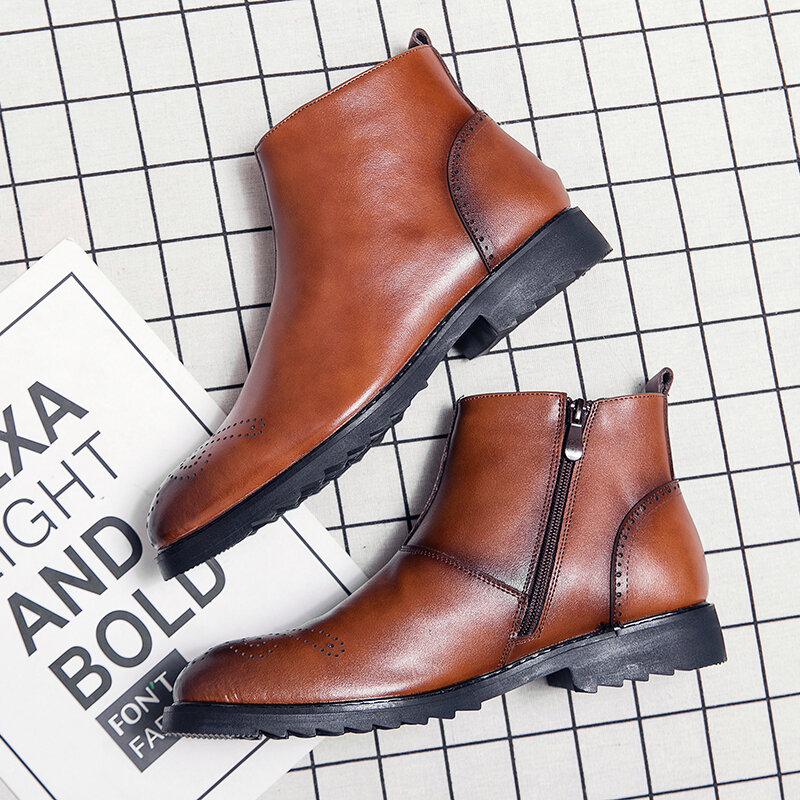 
	Men British Style Broguo Side Zipper Comfy Wearable Formal Ankle Boots