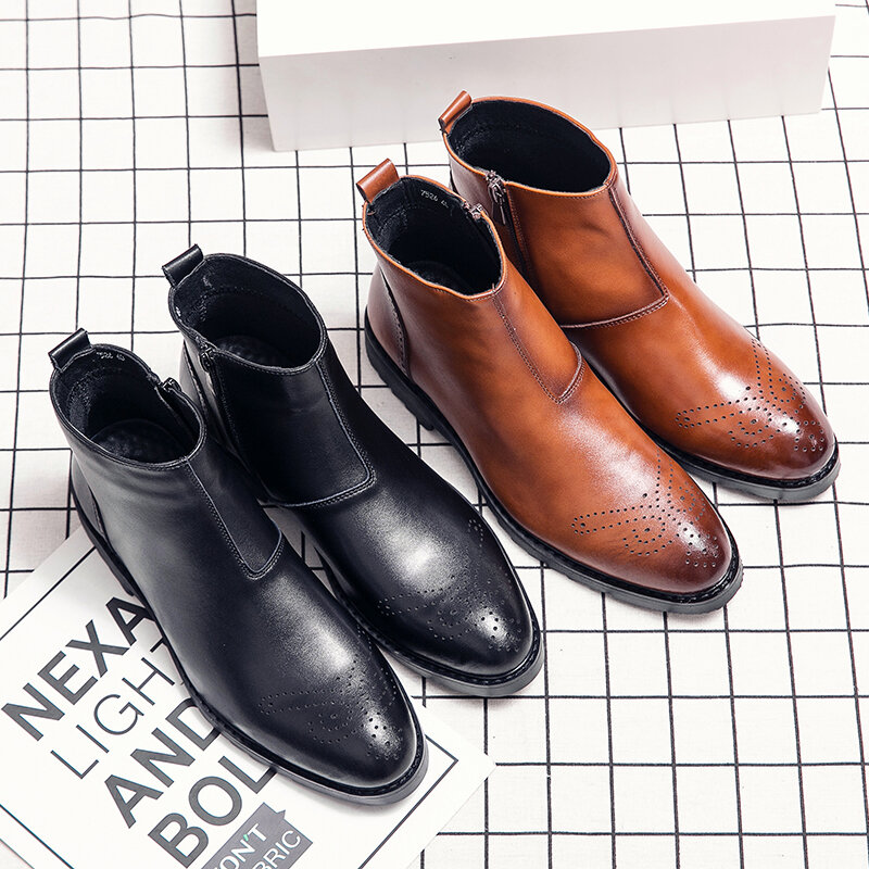 
	Men British Style Broguo Side Zipper Comfy Wearable Formal Ankle Boots