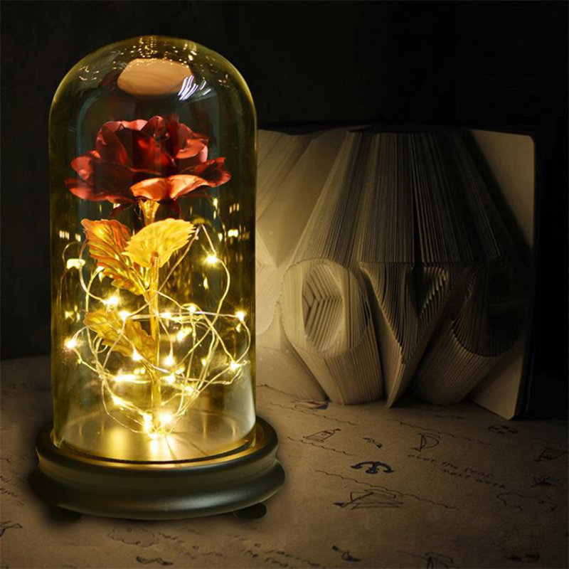 
	Gold Foil Decoration Flowers Red Golden Eternal Rose with LED Light in Glass Dome Gifts