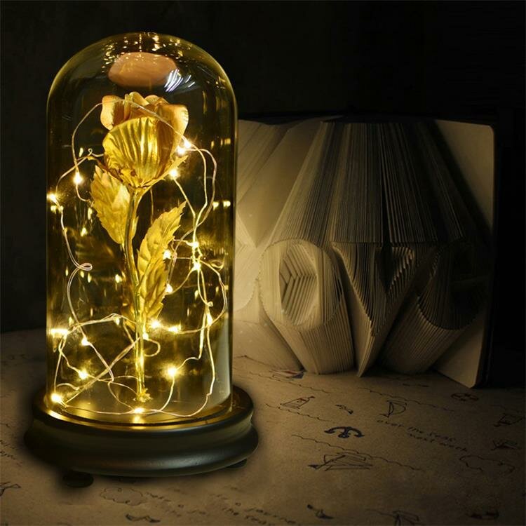 
	Gold Foil Decoration Flowers Red Golden Eternal Rose with LED Light in Glass Dome Gifts