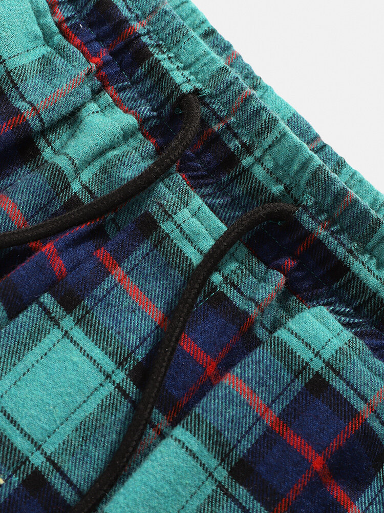 
	Mens 100% Cotton Check Side Patchwork Casual Drawstring Jogger Pants