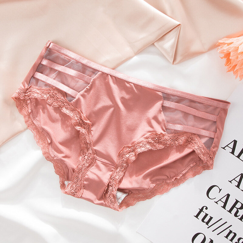 
	Lace-trim Ice Silk Seamless Breathable Mid Waisted Panties