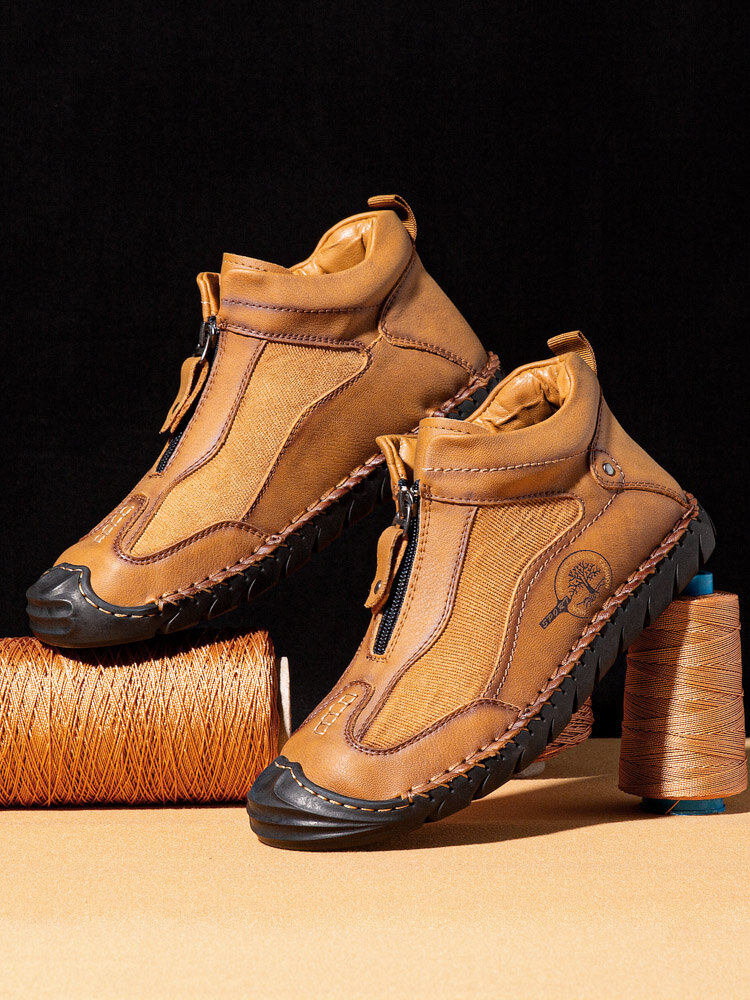 
	Men Hand Stitching Front-Zipper Corduroy Splicing Ankle Boots