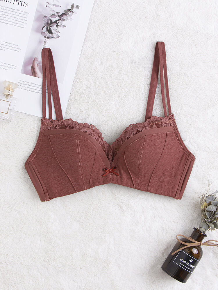 
	Women Wireless Lace Trim Push Up Double Spaghetti Straps Bra