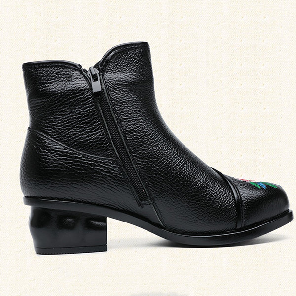 
	Embroidered Folkways Mid Heel Leather Frog Buttons Boots