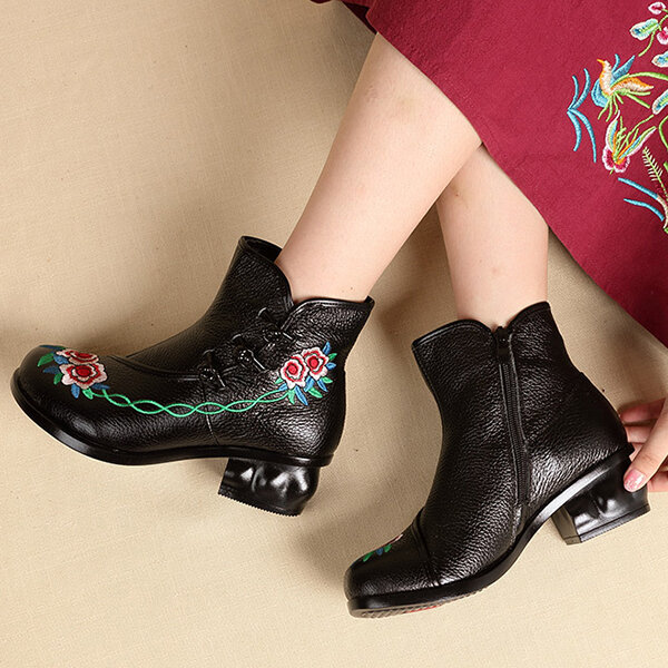 
	Embroidered Folkways Mid Heel Leather Frog Buttons Boots