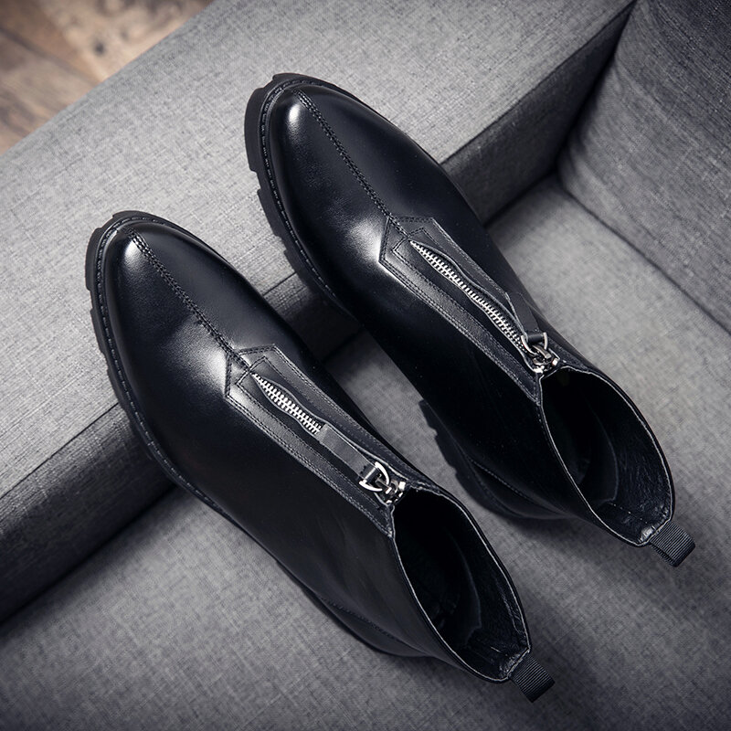 
	Men Front Zipper Comfy Wear-resistant Black Leather Ankle Boots
