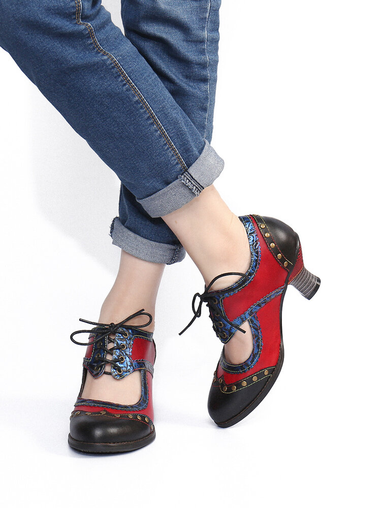 
	SOCOFY Splicing Color Block Rivet Leather Lace Up Comfy Round Toe Casual Hollow Out Heels Pumps