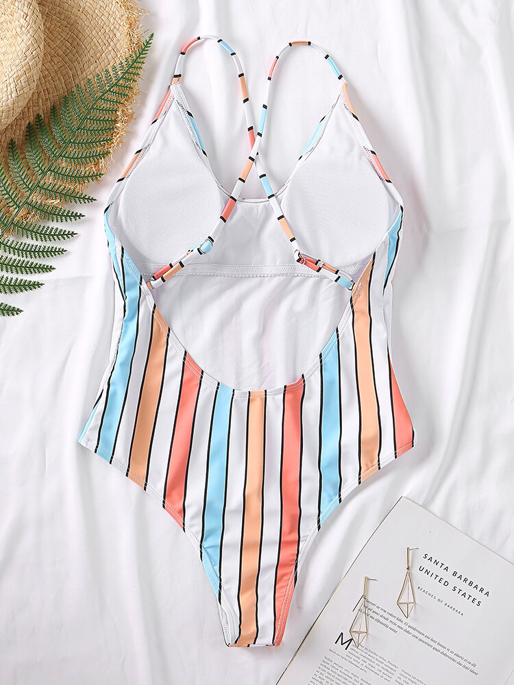 
	Women Colorful Stripe Criss Cross Backless One Piece Slimming Swimsuit