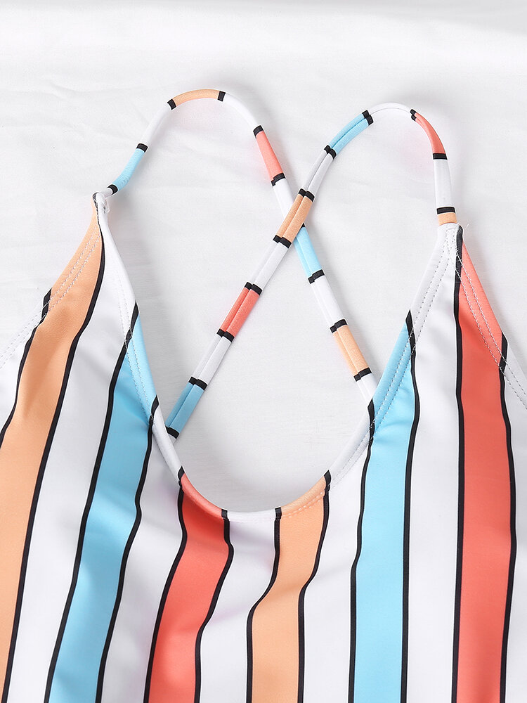 
	Women Colorful Stripe Criss Cross Backless One Piece Slimming Swimsuit