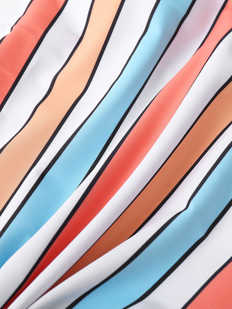 
	Women Colorful Stripe Criss Cross Backless One Piece Slimming Swimsuit