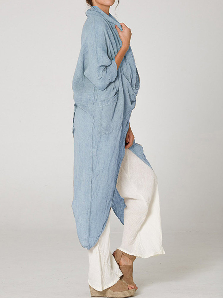 
	Vintage Long Sleeve Pile Collar Asymmetrical Long Blouse