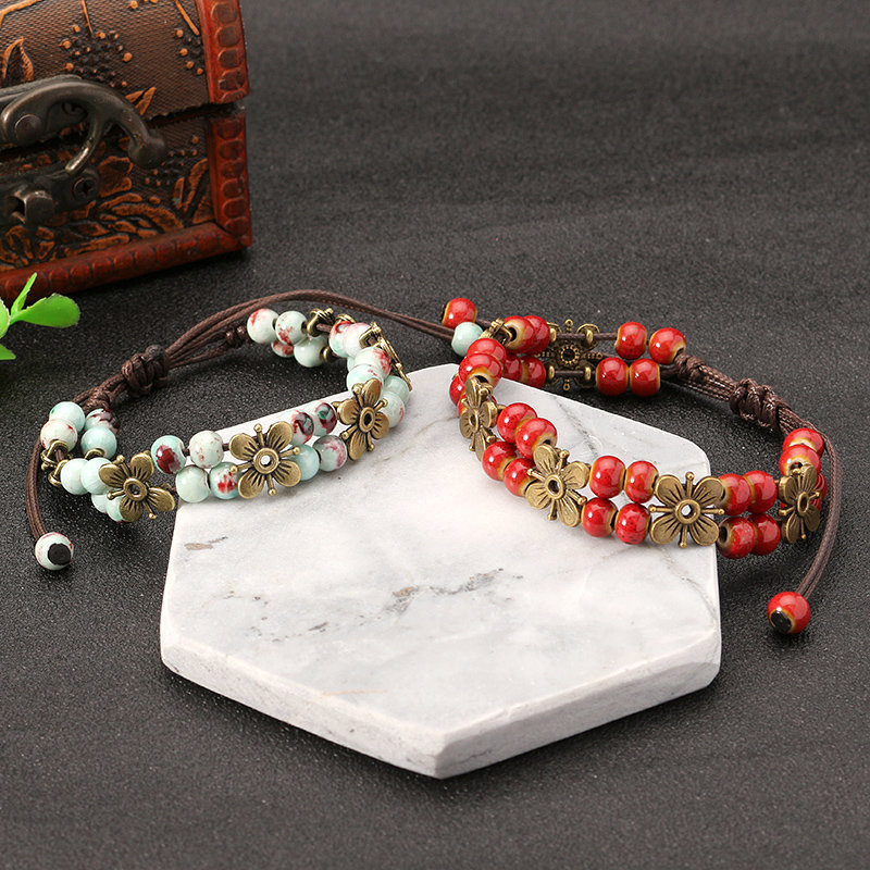 
	Women&rsquo;s Ethnic Bracelet Flower Ceramics Beads Retro Rope Bracelet