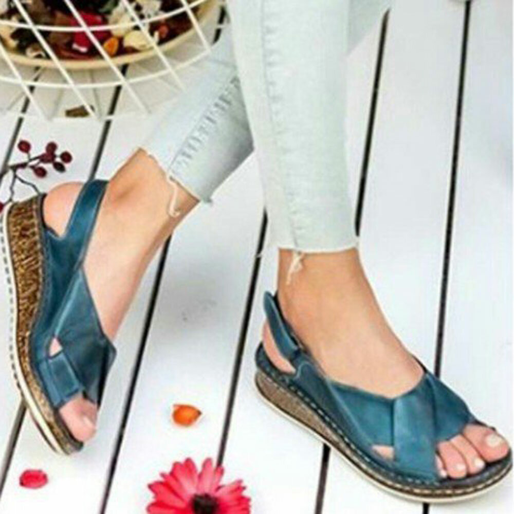
	Plus Size Women Back Strap Hook Loop Comfy Peep Toe Casual Wedges Sandals