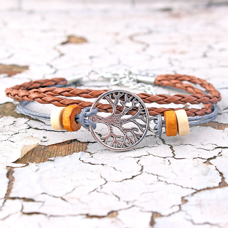
	Vintage Tree of Life Charm Bracelet Wax Rope Wood Bead Adjustable Bracelets for Women Men