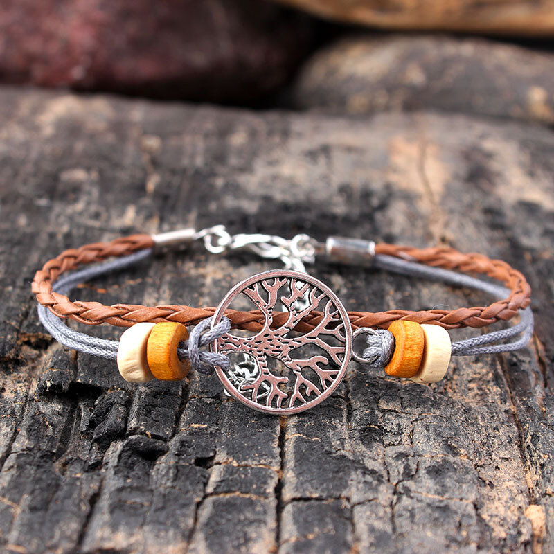 
	Vintage Tree of Life Charm Bracelet Wax Rope Wood Bead Adjustable Bracelets for Women Men