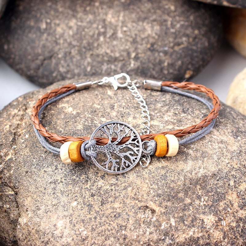 
	Vintage Tree of Life Charm Bracelet Wax Rope Wood Bead Adjustable Bracelets for Women Men