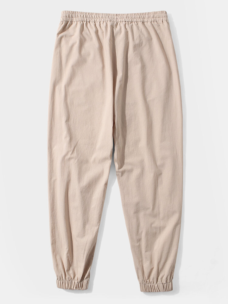 
	Mens 100% Cotton Solid Casual Drawstring Elastic Ankle Pants