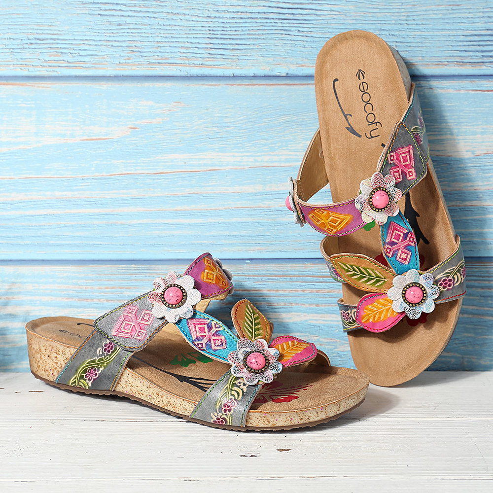 
	SOCOFY Hand Painted Genuine Leather Retro Gems Floral Pattern Hook Loop Comfortable Sandals