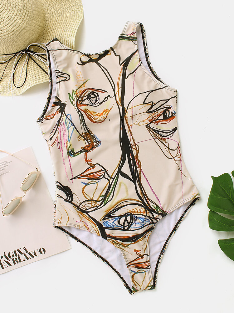 
	Women Graffiti Abstract Print Round Neck One Piece Sleevless Slimming Swimsuit