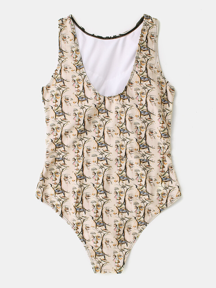 
	Women Graffiti Abstract Print Round Neck One Piece Sleevless Slimming Swimsuit