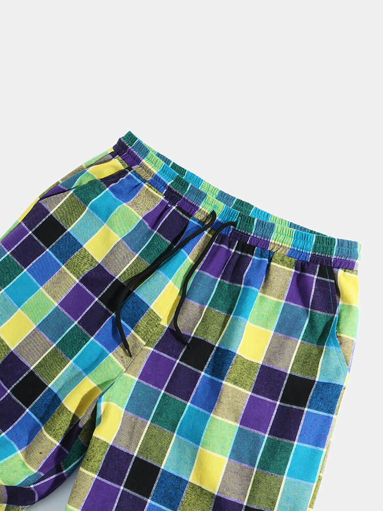 
	Mens 100% Cotton Colorful Check Casual Drawstring Jogger Pants With Pocket