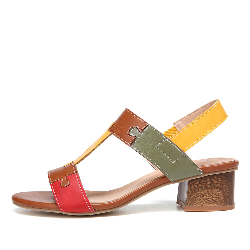 
	LOSTISY Color Block T Shape Opened Toe Elastic Band Chunky Heel Sandals